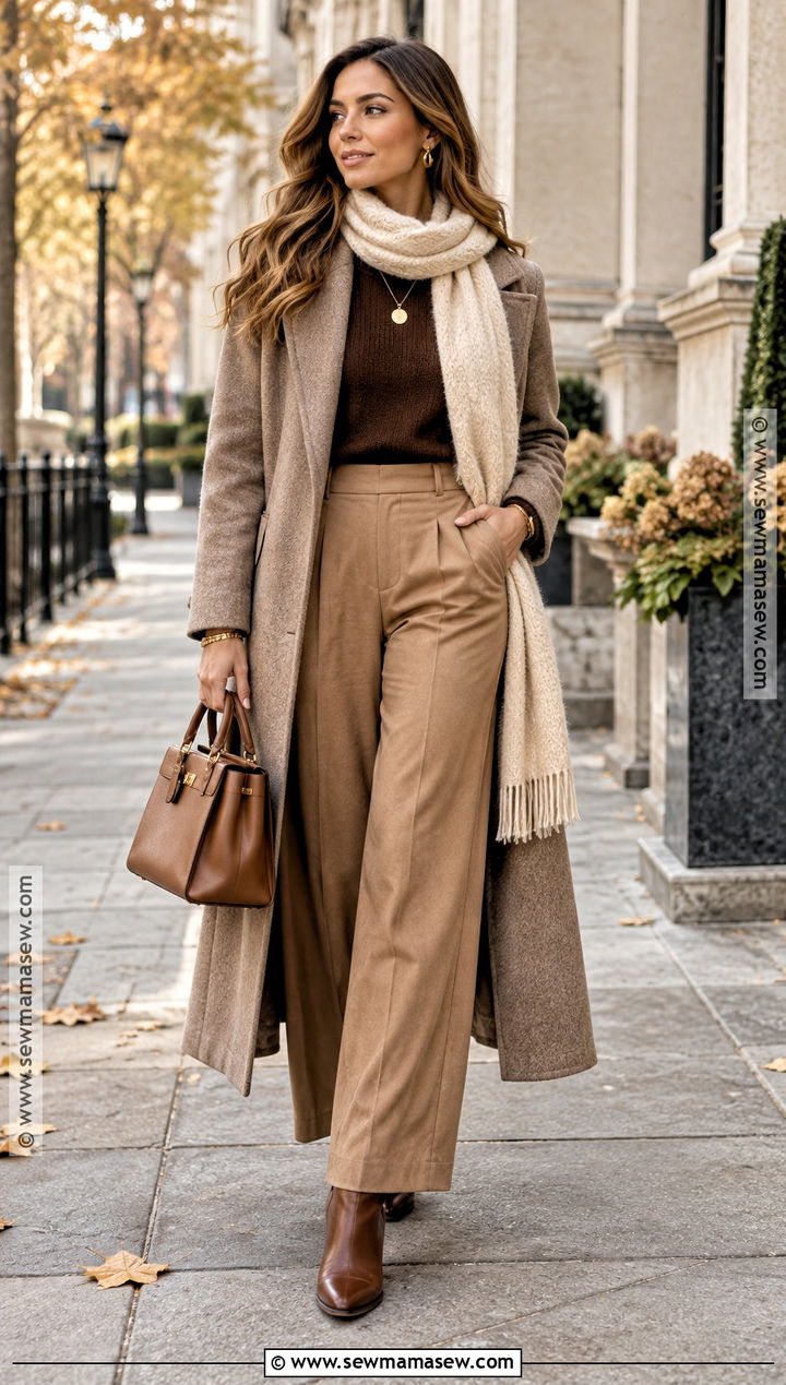 Autumn Brown Sweater With Matching Trousers And Coat - 15 7 Days Capsule Wardrobe Autumn Ideas