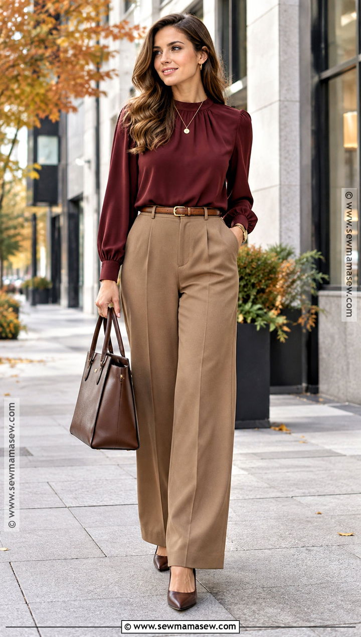 Autumn Burgundy Blouse With Wide Leg Trousers And Heels - 15 feminine autumn style ideas