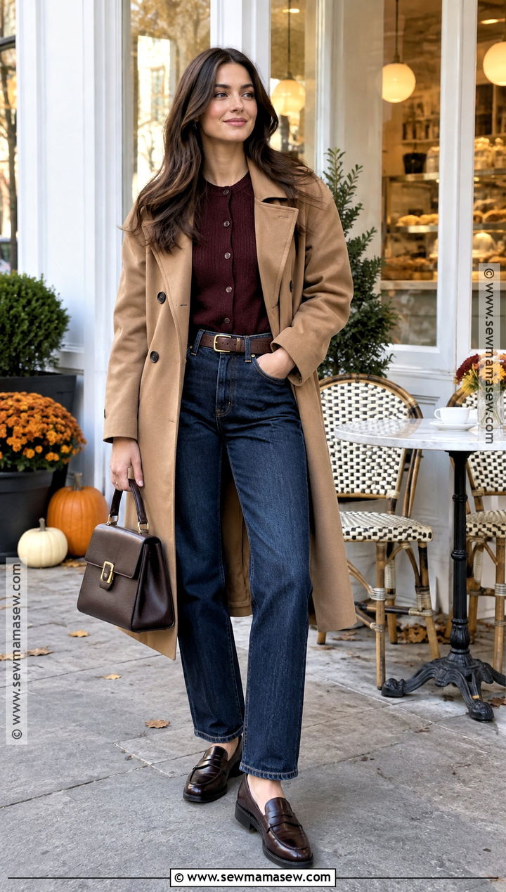Autumn Burgundy Cardigan And Dark Denim Outfit - 25 autumn capsule wardrobe ideas 2026