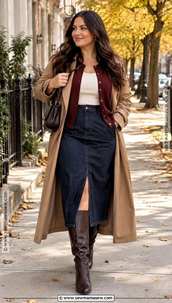 Autumn Burgundy Cardigan And Denim Midi Skirt Outfit - 20 autumn layering ideas