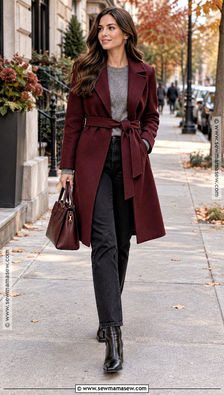Autumn Burgundy Coat And Black Jeans Outfit - 20 Cute Outfits For Autumn