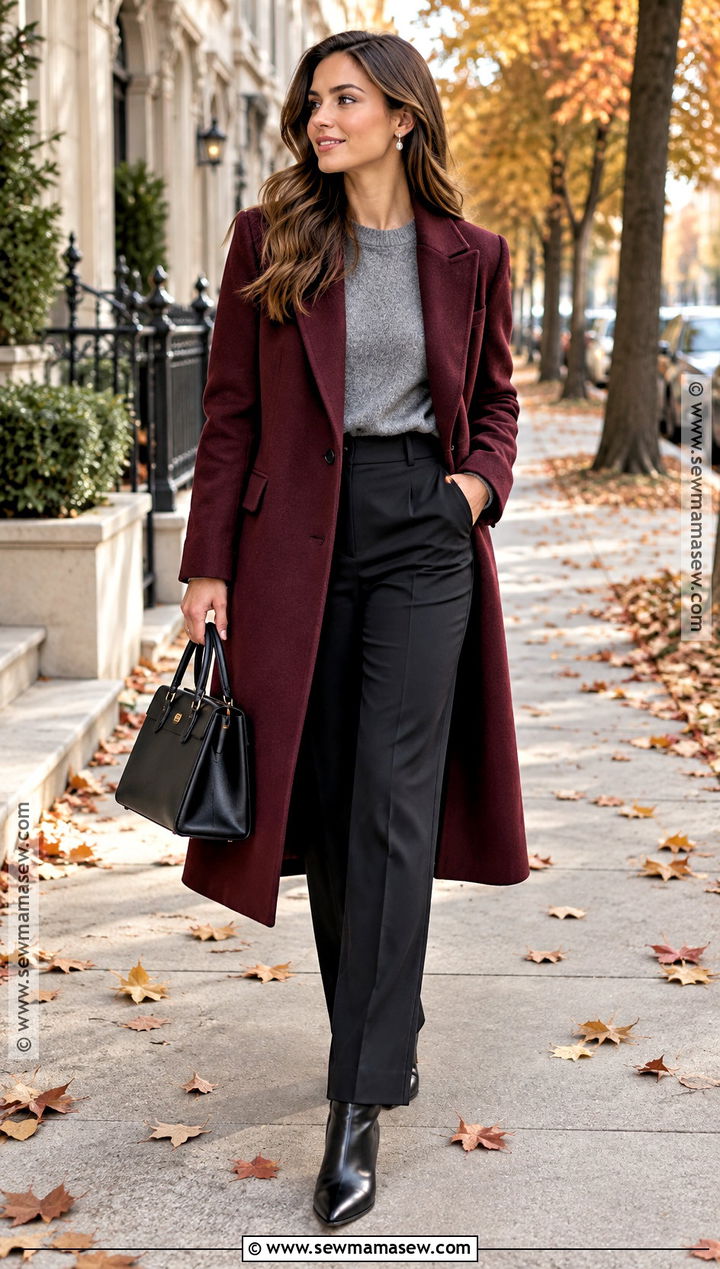 Autumn Burgundy Coat And Black Pants Outfit - 25 autumn fashion ideas for women