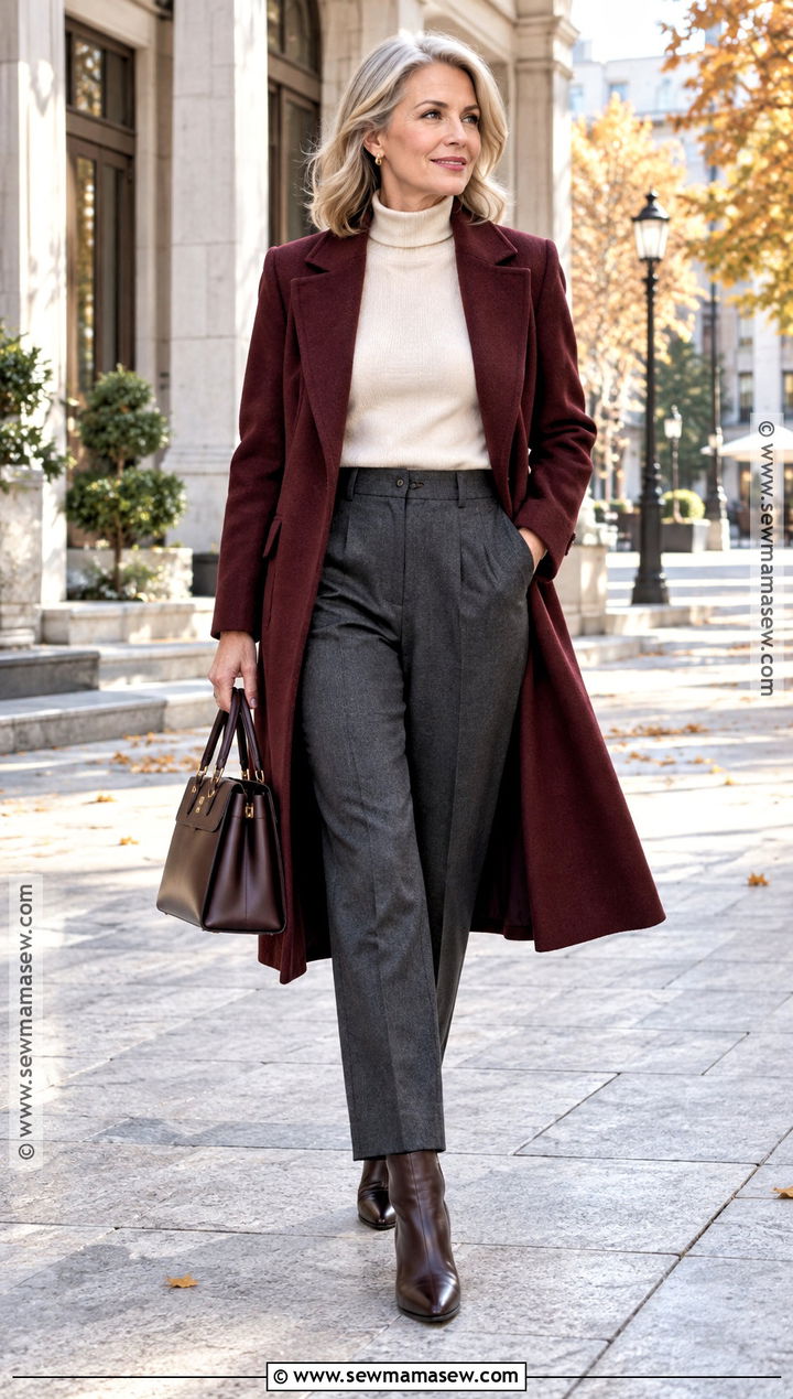 Autumn Burgundy Coat And Neutral Trousers Outfit - 25 autumn look ideas