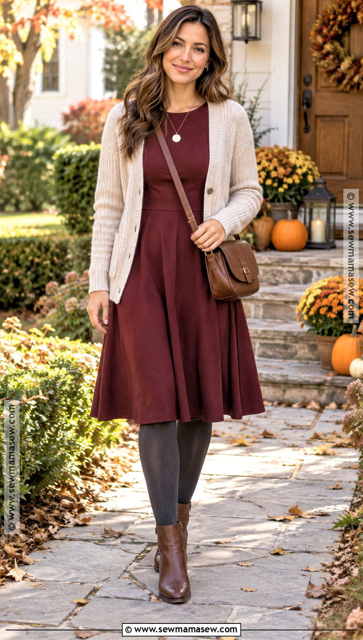 Autumn Burgundy Fit And Flare Dress With Cardigan - 20 autumn dresses casual