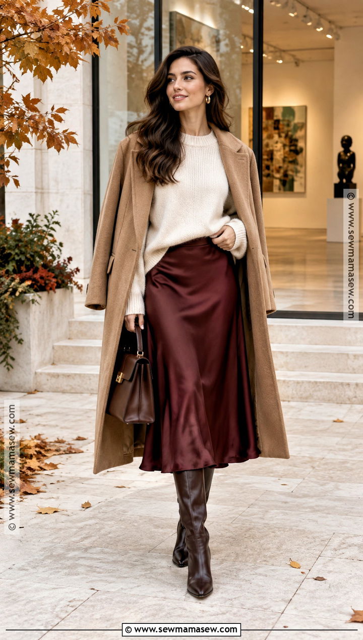 Autumn Burgundy Skirt And Cream Sweater Outfit - 15 Autumn Women Style Ideas