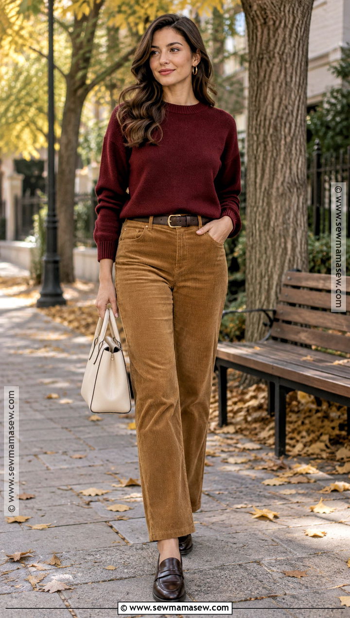 Autumn Burgundy Sweater And Corduroy Pants Outfit - 20 autumn outfits photoshoot