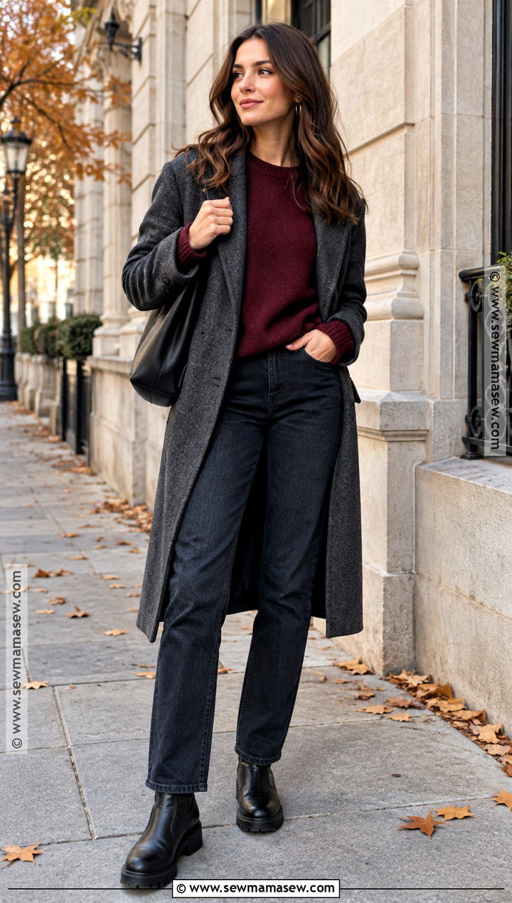 Autumn Burgundy Sweater And Dark Jeans Outfit - 25 autumn style outfits