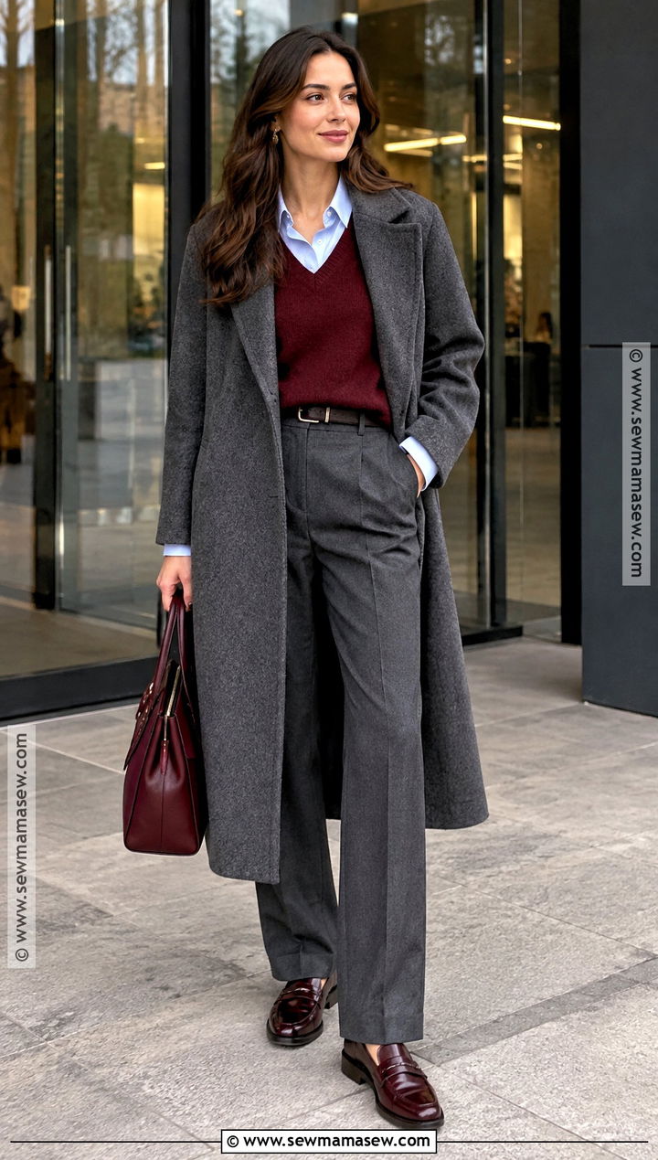 Autumn Burgundy Sweater And Gray Trousers Outfit - 25 autumn clothes