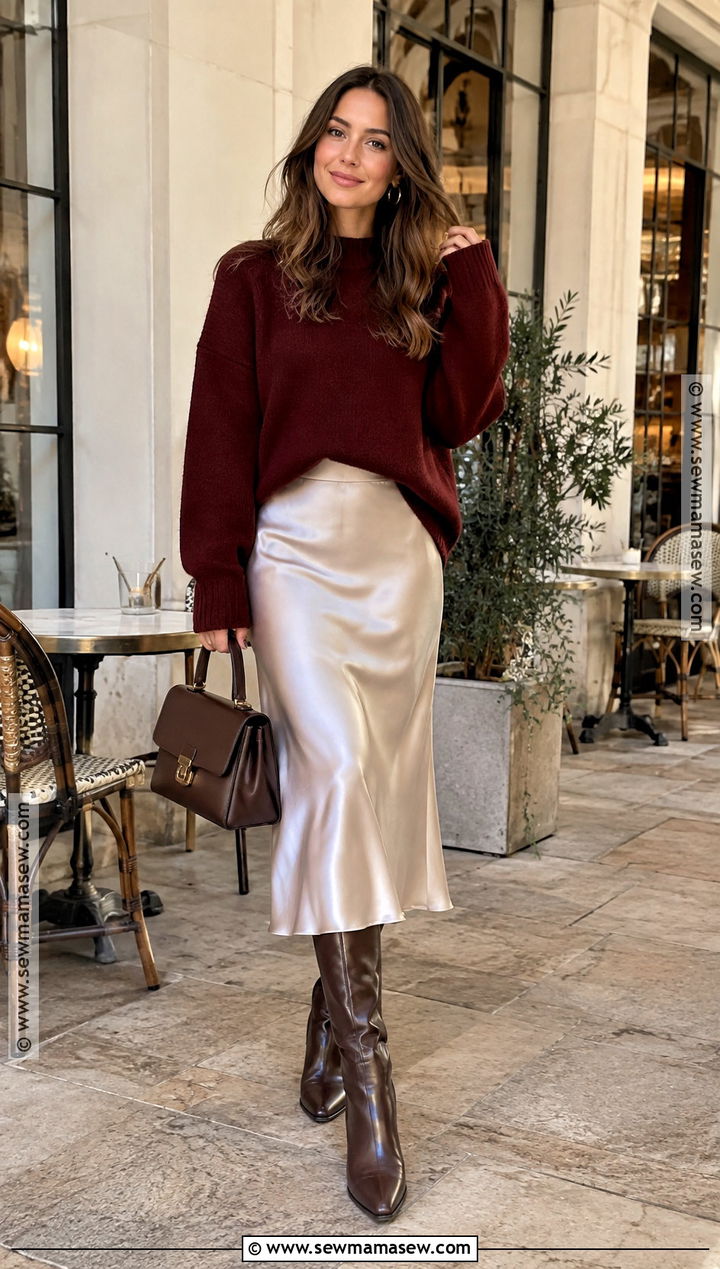 Autumn Burgundy Sweater And Satin Skirt Outfit - 15 outfit ideas for autumn 2026