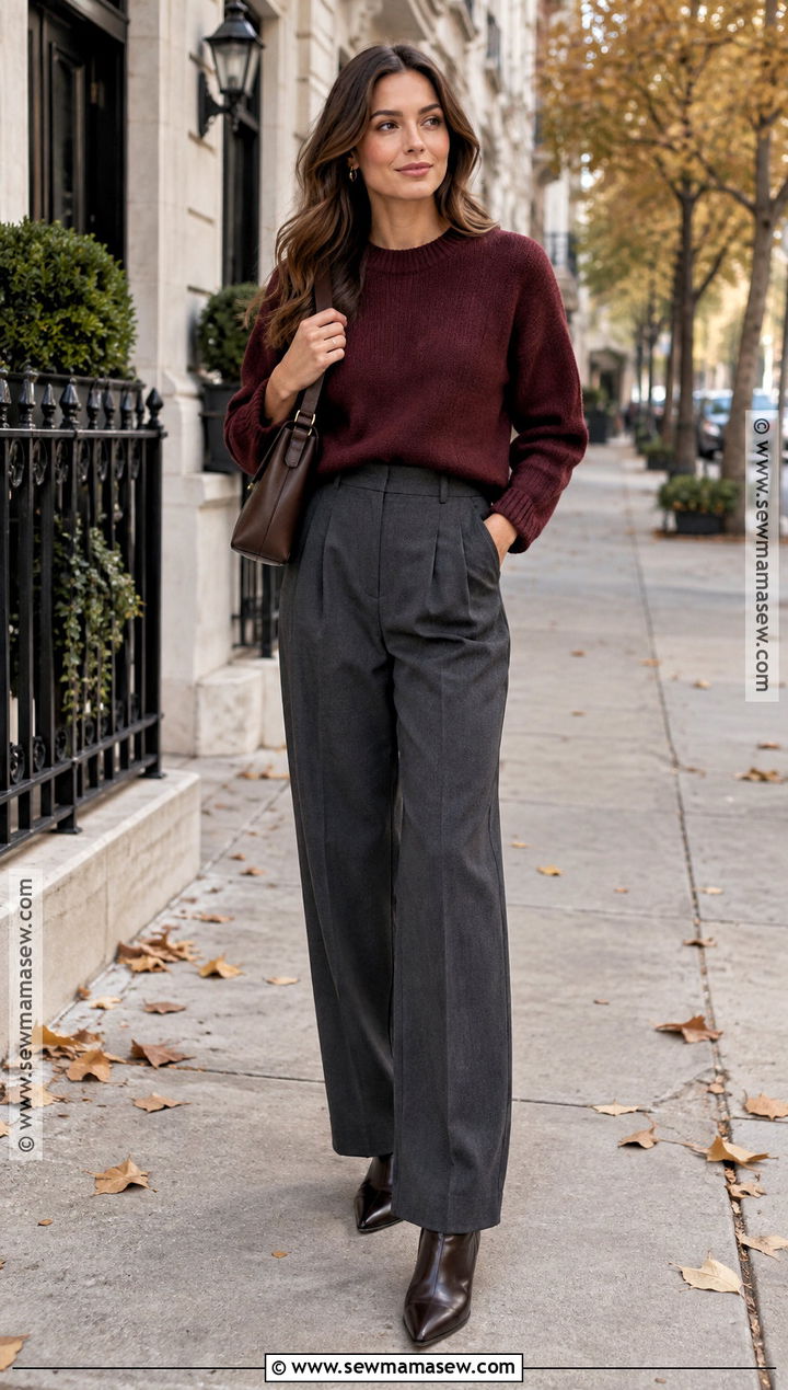 Autumn Burgundy Sweater And Wide Leg Trousers Outfit - 15 stylish outfits 2026 autumn