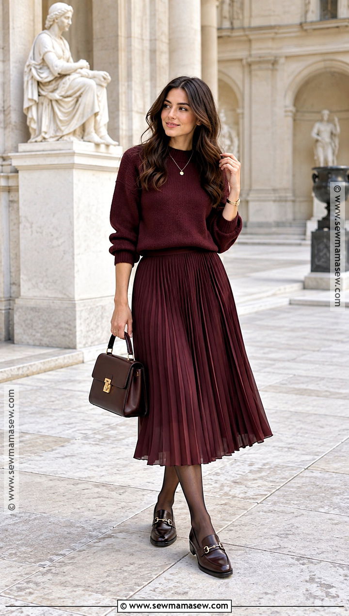 Autumn Burgundy Sweater With Midi Skirt And Loafers - 15 autumn style essentials