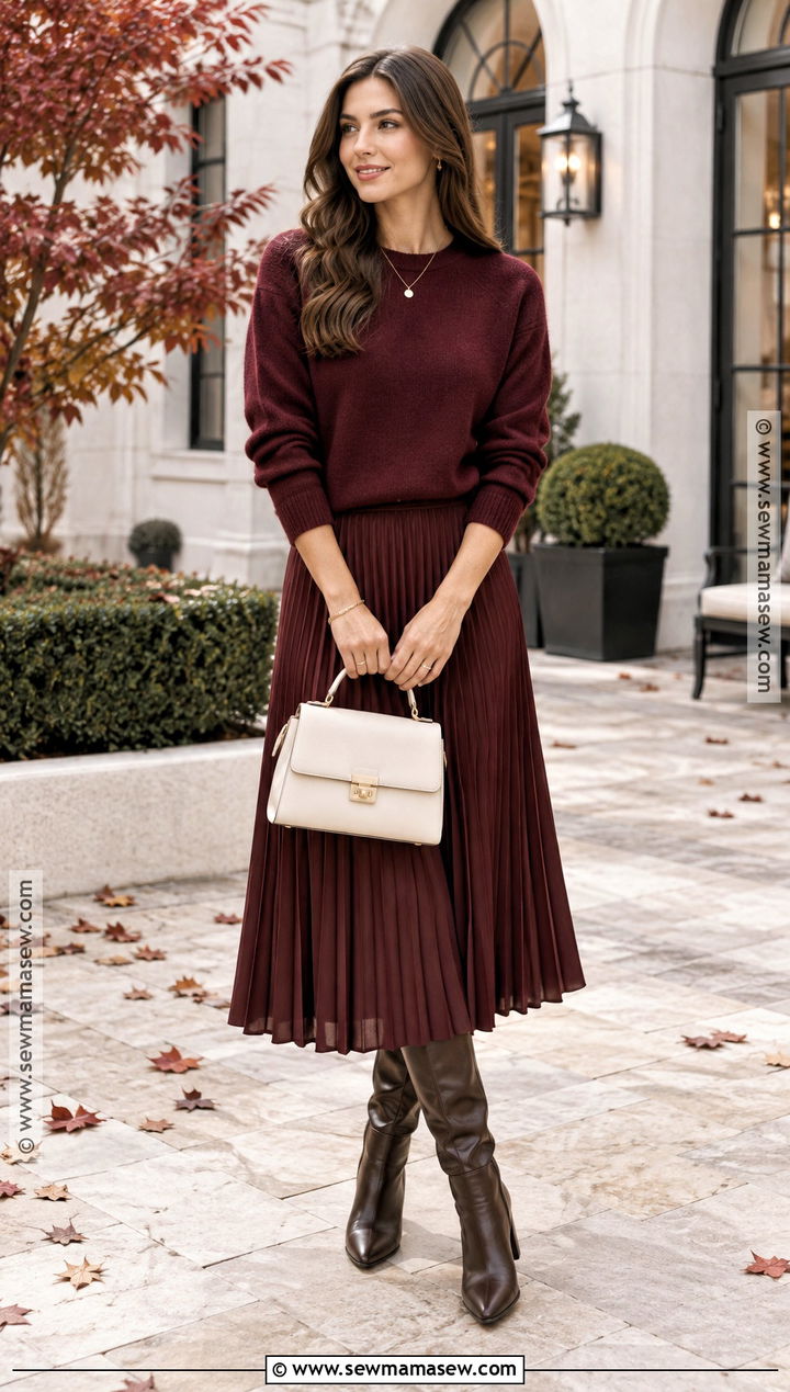 Autumn Burgundy Sweater and Midi Skirt Outfit - 15 Autumn Themed Clothing Ideas