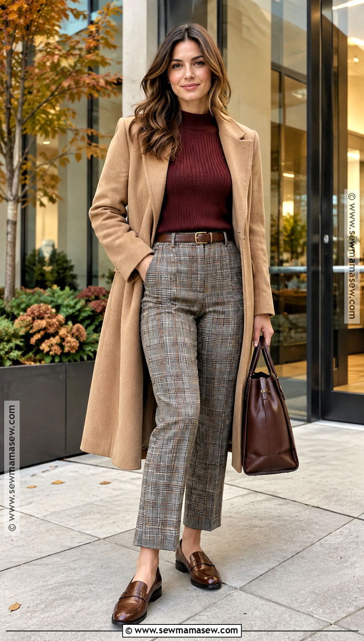 Autumn Burgundy Sweater and Plaid Trousers Outfit - 15 autumn fashion style tips ideas