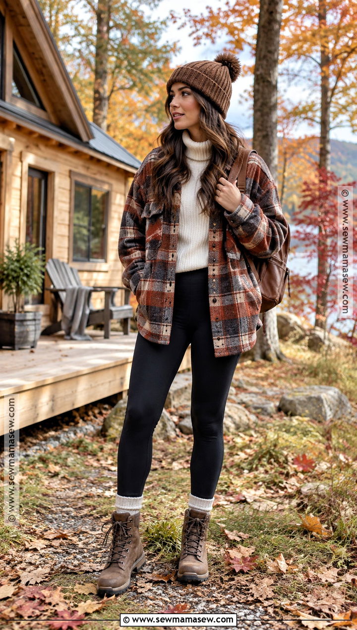 Autumn Cabin Outfit With Shacket And Leggings - 20 autumn travel outfit ideas