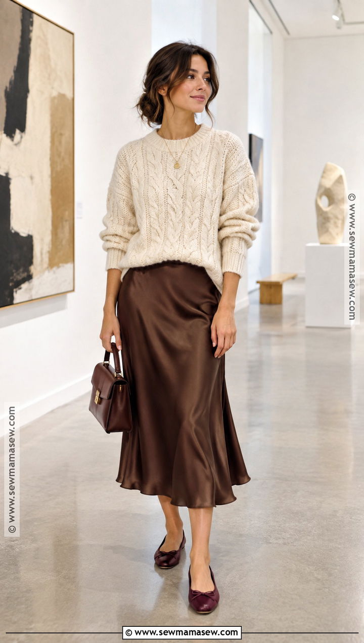 Autumn Cable Knit Sweater And Satin Skirt Outfit - 25 autumn clothes