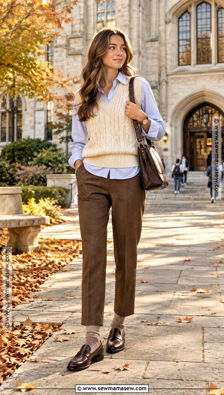 Autumn Cable Knit Vest And Button Down Shirt Outfit - 25 autumn warm outfit ideas