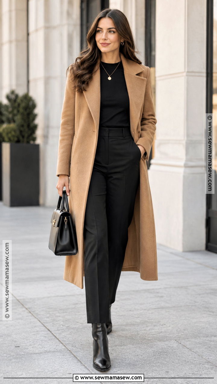 Autumn Camel Coat And All Black Outfit - 25 autumn capsule wardrobe ideas 2026