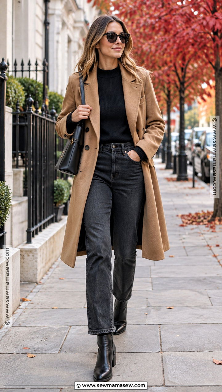 Autumn Camel Coat And Straight Jeans Outfit - 20 autumn outfits photoshoot