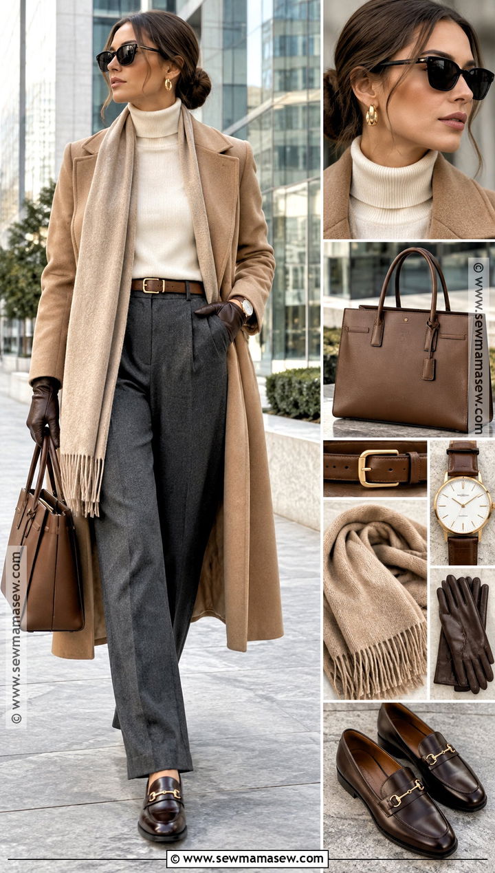 Autumn Camel Coat Outfit With Tailored Trousers - 15 autumn outfit collage with accessories