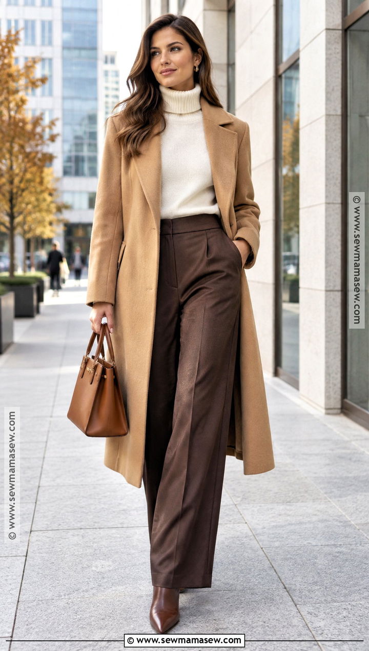 Autumn Camel Coat and Chocolate Trousers Outfit - 15 Autumn Themed Clothing Ideas