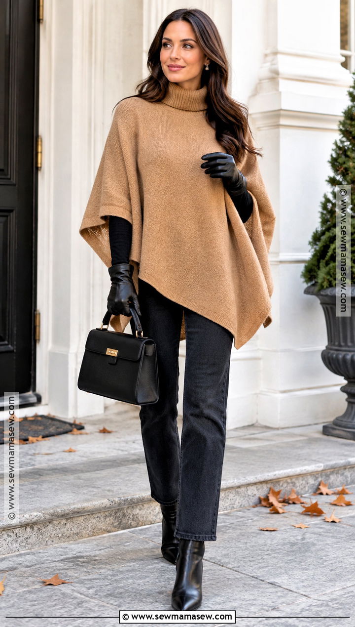 Autumn Cape Sweater Outfit With Tailored Jeans - 30 autumn fashion ideas