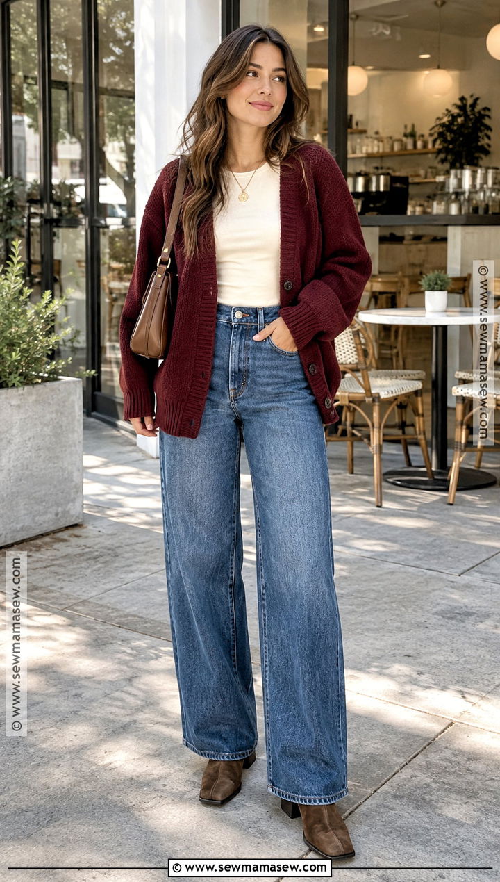 Autumn Cardigan And Wide Leg Jeans Outfit - 15 Autumn Women Style Ideas