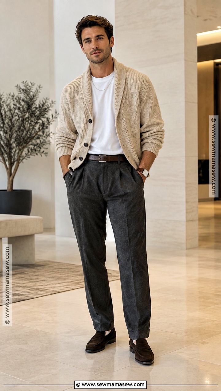 Autumn Cardigan Outfit With Pleated Trousers - 20 Men Autumn Style Ideas