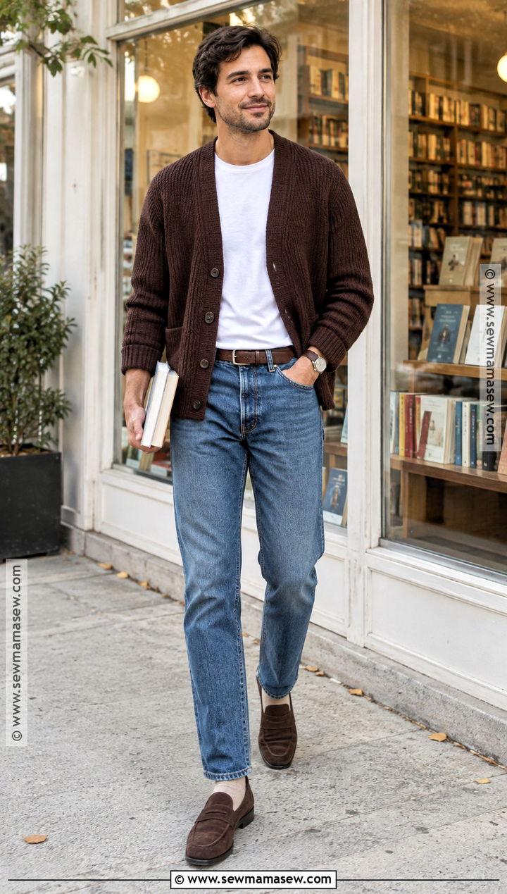 Autumn Cardigan With White T Shirt And Jeans Outfit - 15 Men Outfit Autumn Casual Ideas