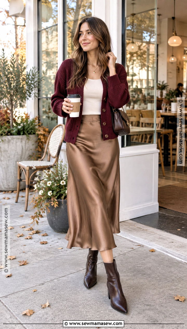 Autumn Cardigan and Slip Skirt Outfit - 15 Autumn Wear Ideas for Women