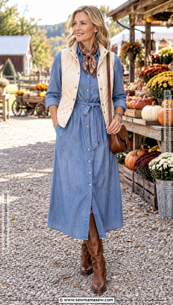 Autumn Chambray Maxi Dress With Quilted Vest - 20 autumn dresses casual
