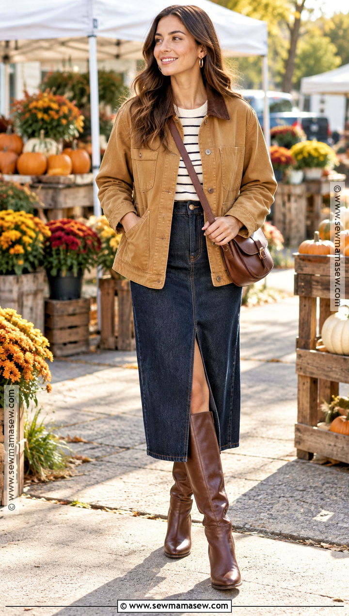 Autumn Chore Jacket With Denim Midi Skirt - 30 autumn outfits