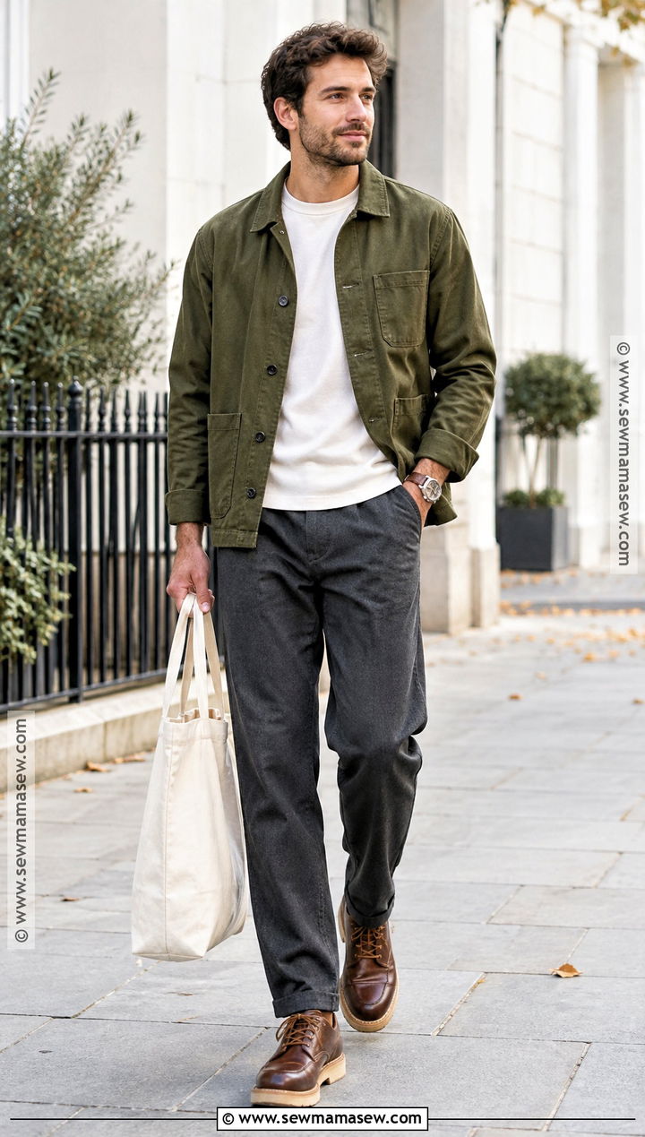 Autumn Chore Jacket With Relaxed Trousers Outfit - 15 Men Outfit Autumn Casual Ideas