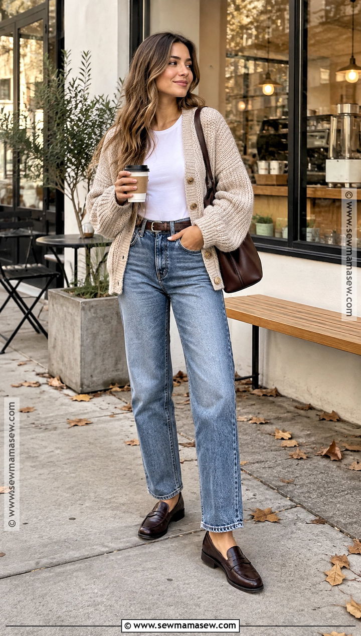 Autumn Chunky Cardigan With T Shirt And Jeans - 20 Cozy Sweaters Autumn