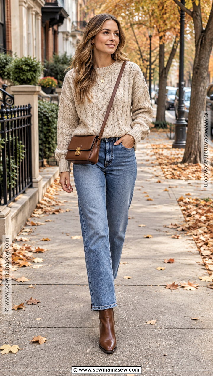 Autumn Chunky Sweater And Straight Leg Jeans Outfit - 25 autumn warm outfit ideas