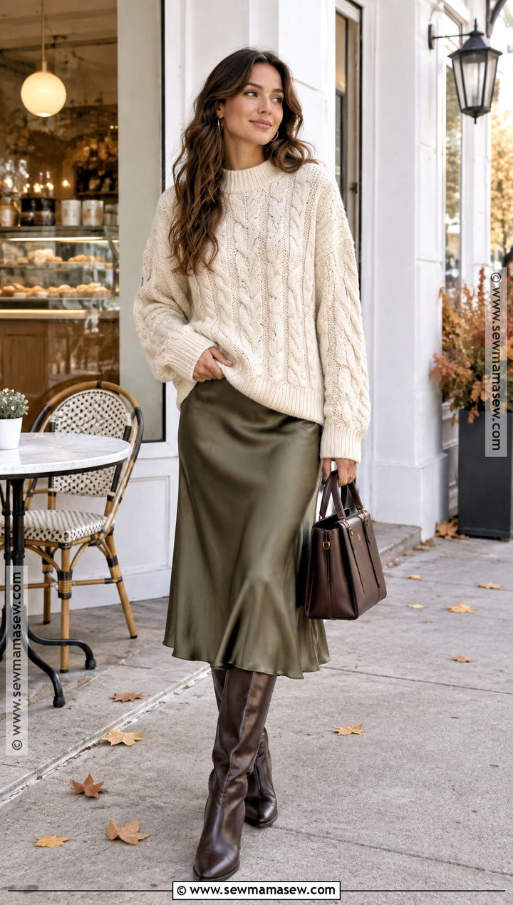 Autumn Chunky Sweater and Satin Midi Skirt Outfit - 15 autumn outfit inspiration ideas for women