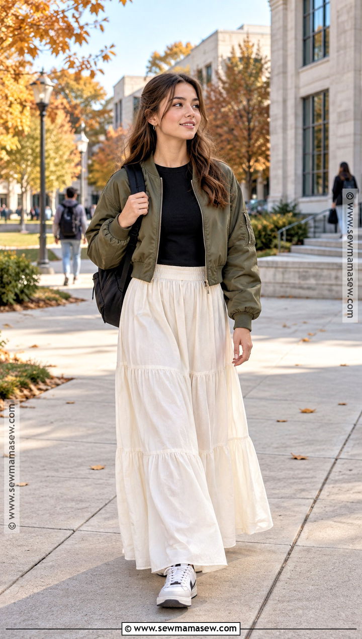 Autumn College Outfit With Bomber Jacket And Maxi Skirt - 20 College Outfits Autumn