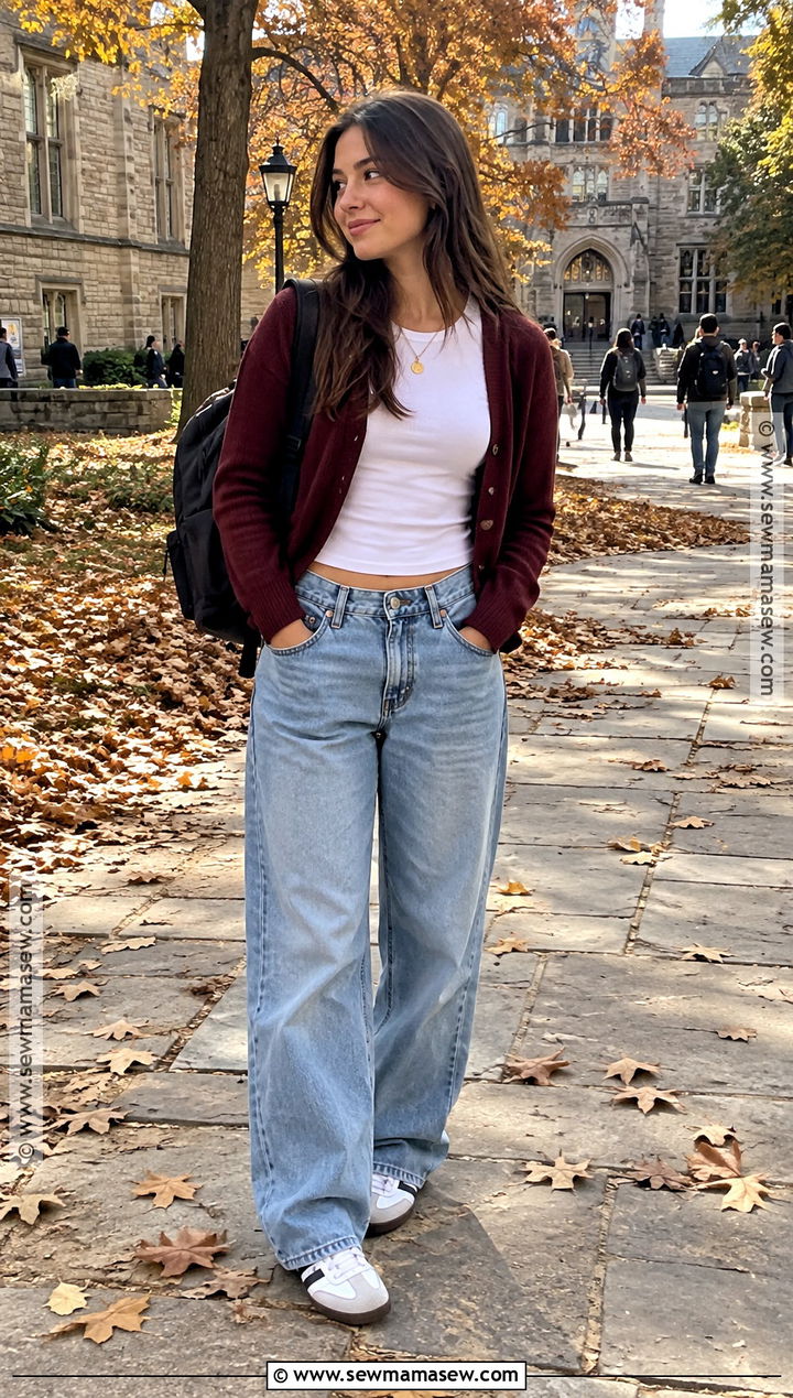 Autumn College Outfit With Cardigan And Baggy Jeans - 20 College Outfits Autumn