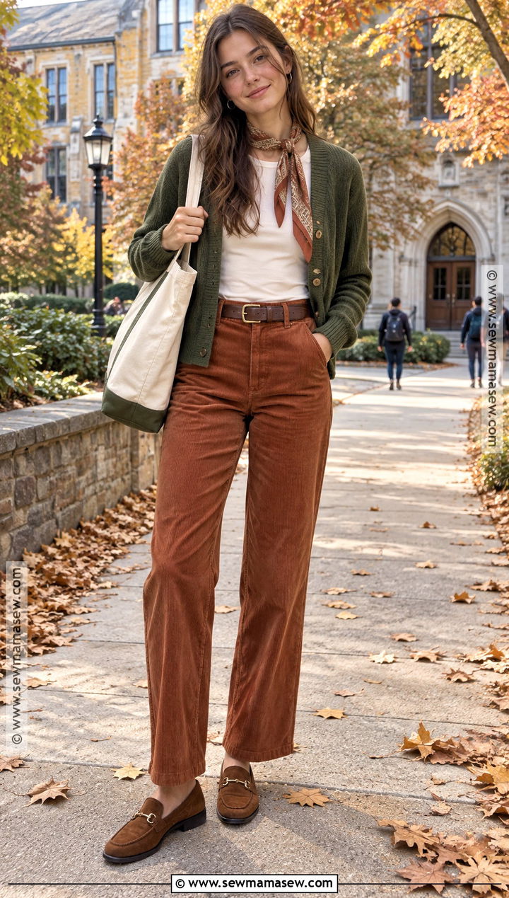 Autumn College Outfit With Corduroy Pants And Cardigan - 20 College Outfits Autumn