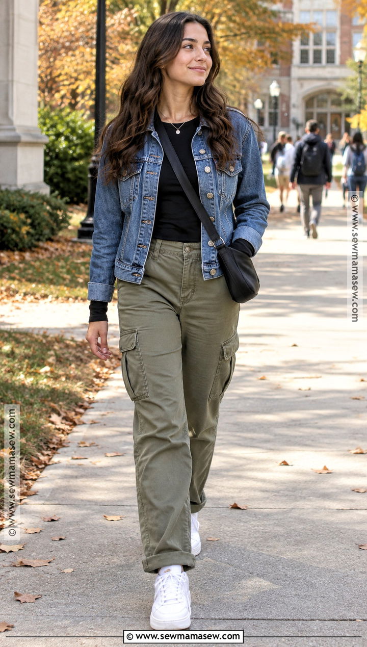 Autumn College Outfit With Denim Jacket And Cargo Pants - 20 College Outfits Autumn