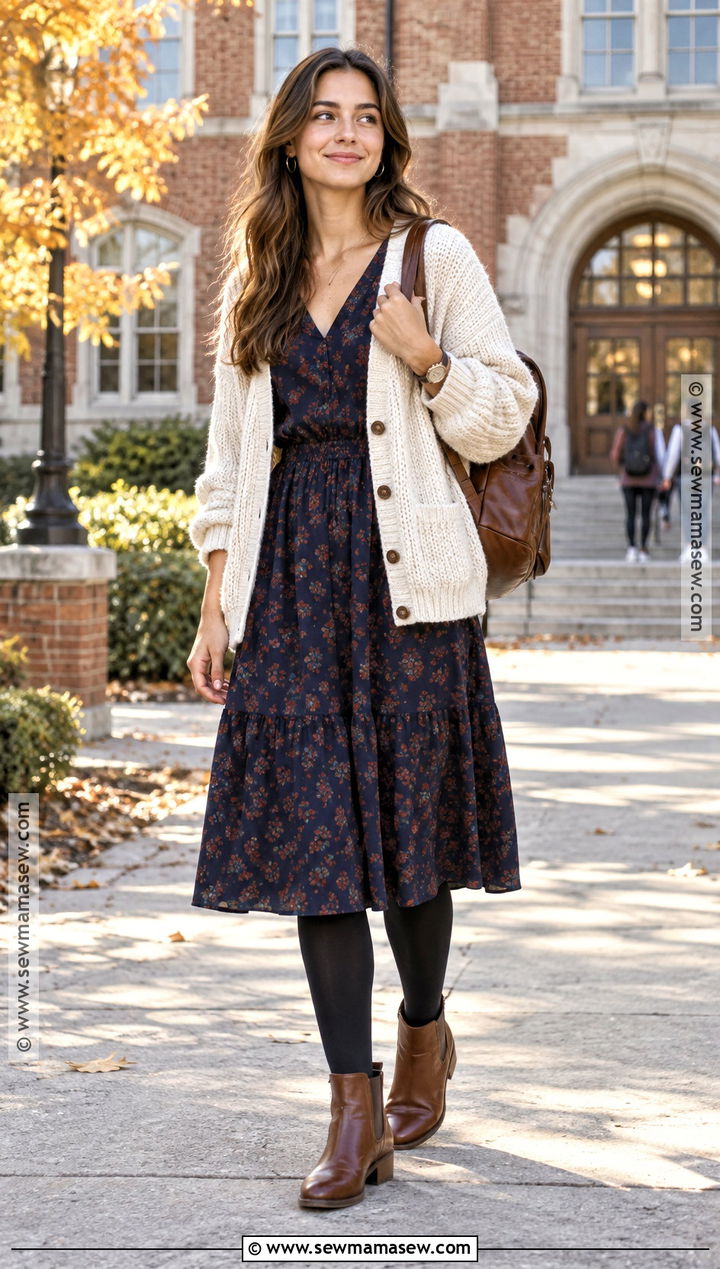 Autumn College Outfit With Floral Dress And Cardigan - 20 College Outfits Autumn