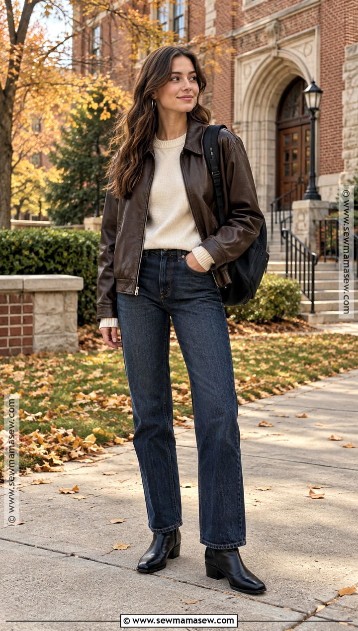 Autumn College Outfit With Leather Jacket And Dark Jeans - 20 College Outfits Autumn