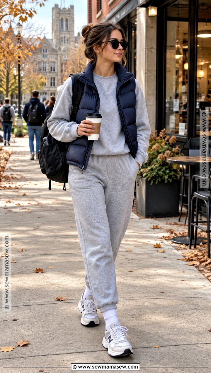 Autumn College Outfit With Matching Sweat Set And Puffer Vest - 20 College Outfits Autumn