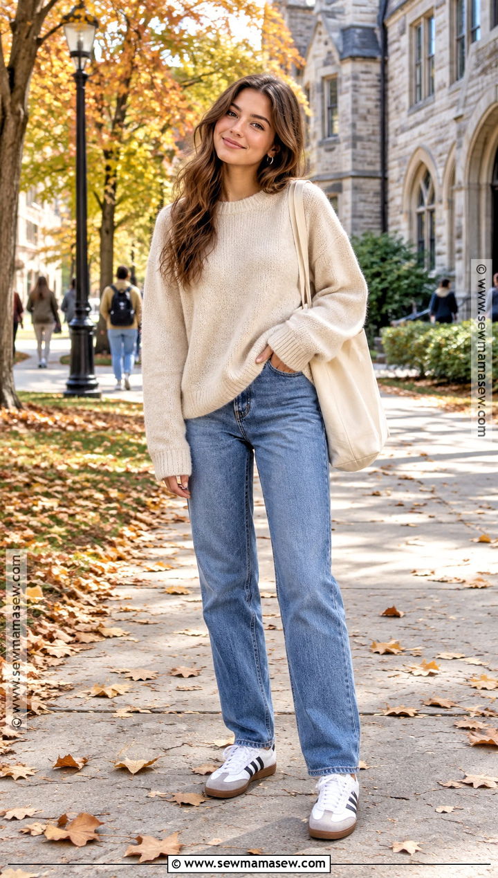 Autumn College Outfit With Oversized Sweater And Jeans - 20 College Outfits Autumn