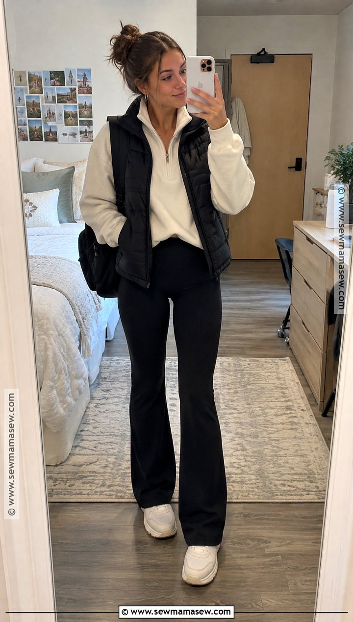 Autumn College Outfit With Quarter Zip And Flared Leggings - 20 College Outfits Autumn