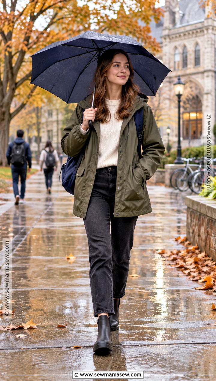 Autumn College Outfit With Raincoat And Waterproof Boots - 20 College Outfits Autumn