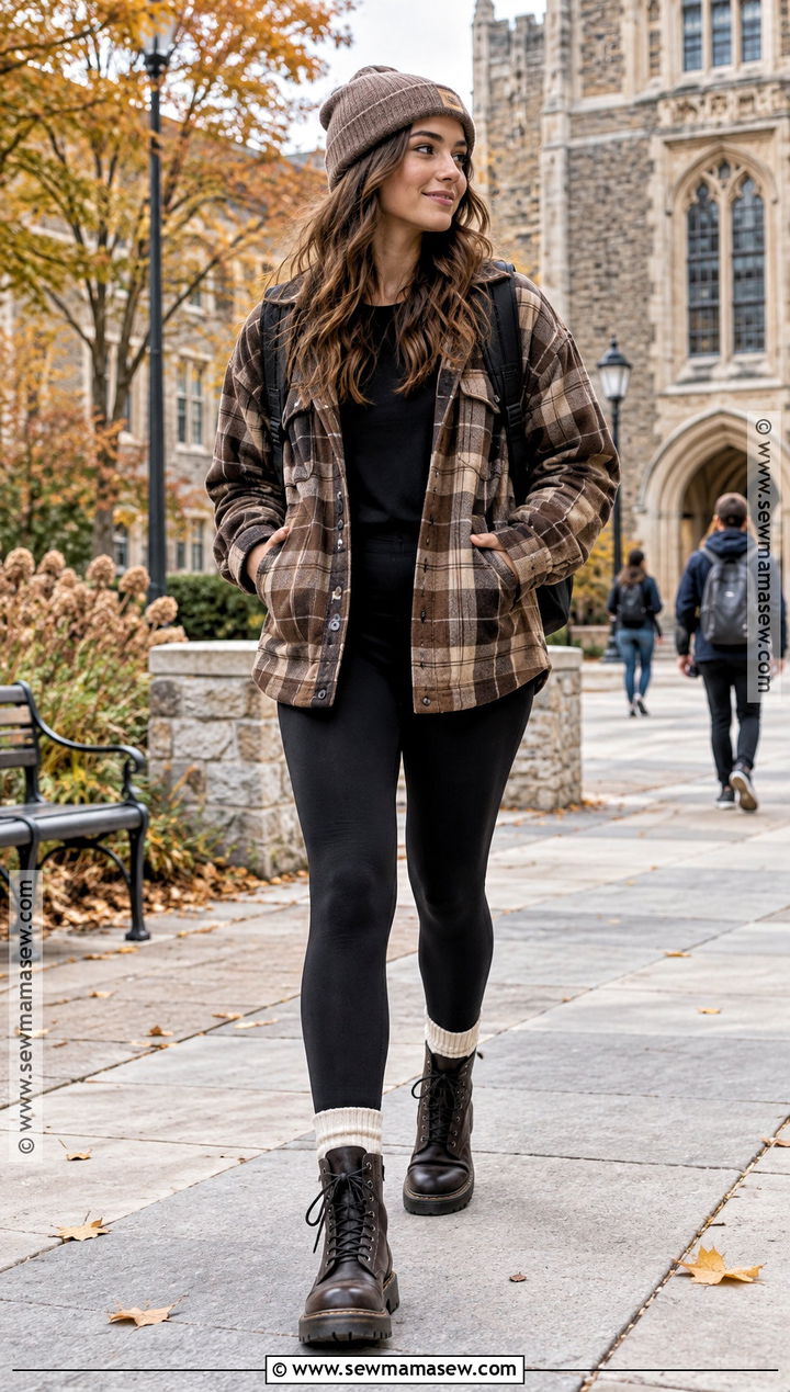 Autumn College Outfit With Shacket And Black Leggings - 20 College Outfits Autumn