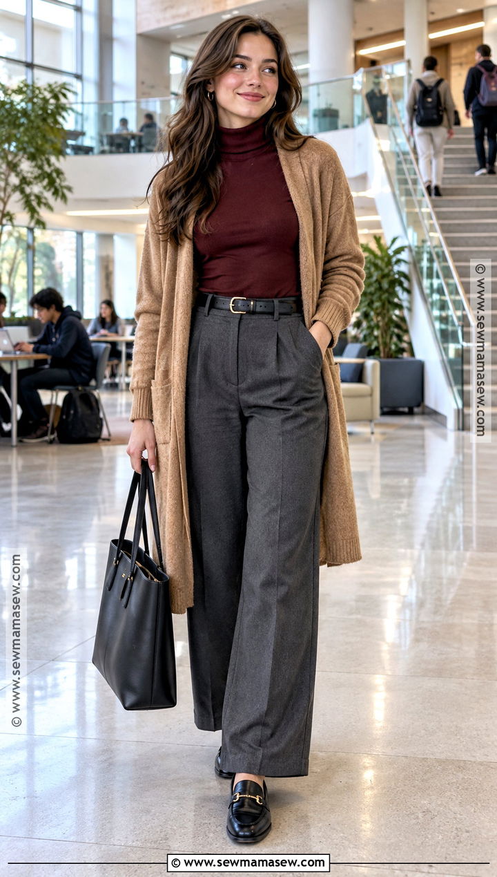 Autumn College Outfit With Turtleneck And Wide Leg Trousers - 20 College Outfits Autumn