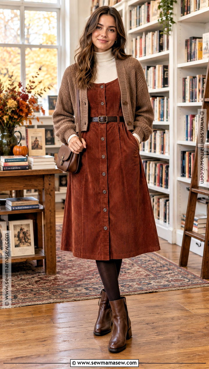Autumn Corduroy Dress And Ankle Boots Outfit - 20 Cute Outfits For Autumn