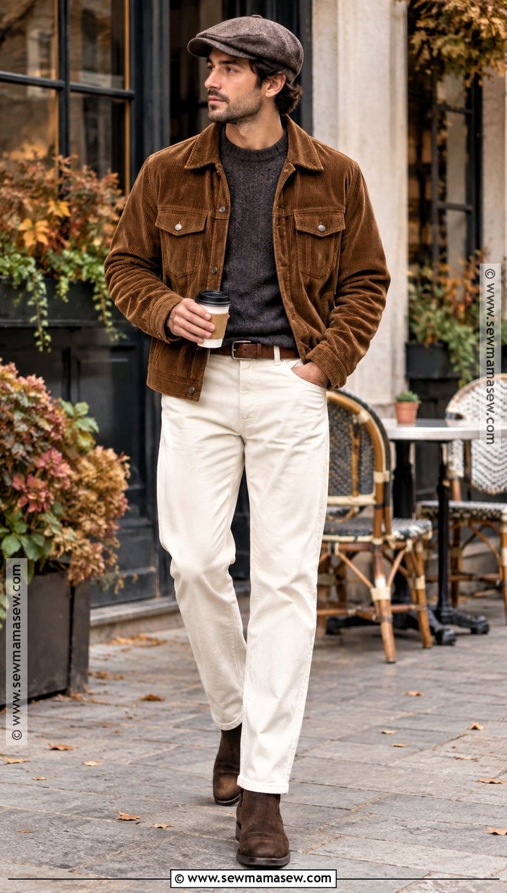 Autumn Corduroy Jacket With Cream Pants Outfit - 15 Men Outfit Autumn Casual Ideas