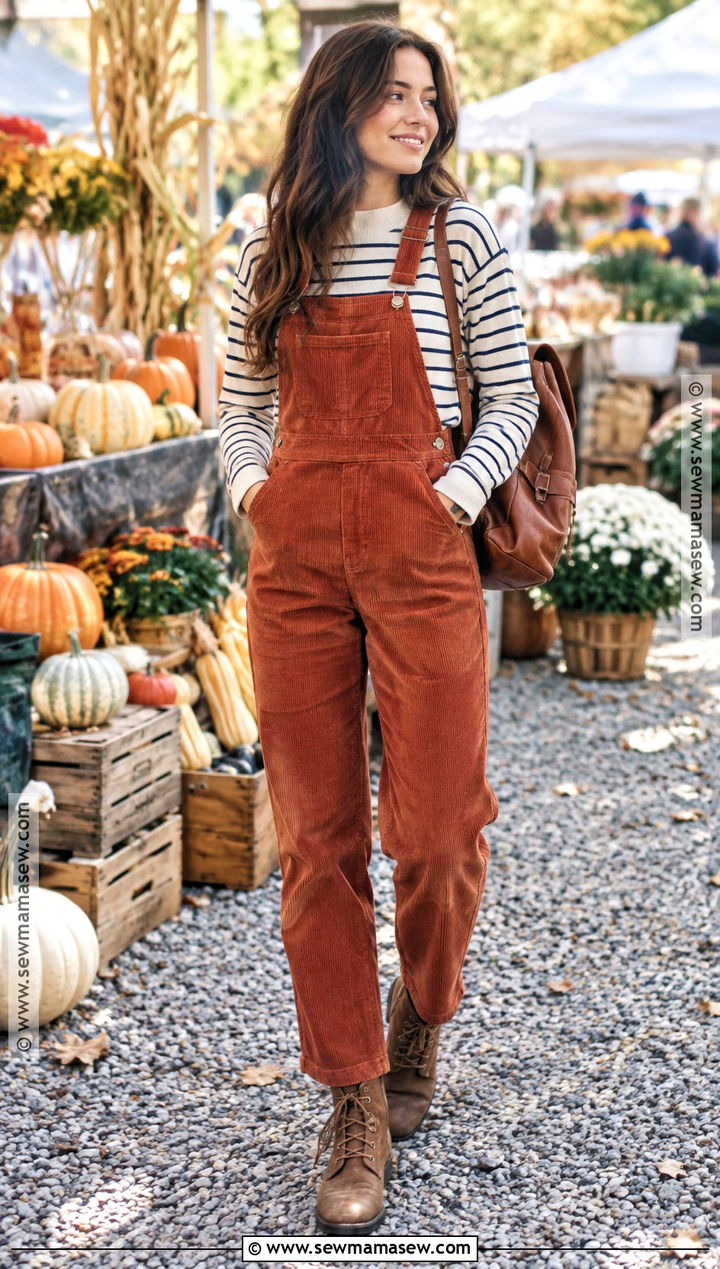 Autumn Corduroy Overalls And Long Sleeve Top Outfit - 30 autumn outfit ideas